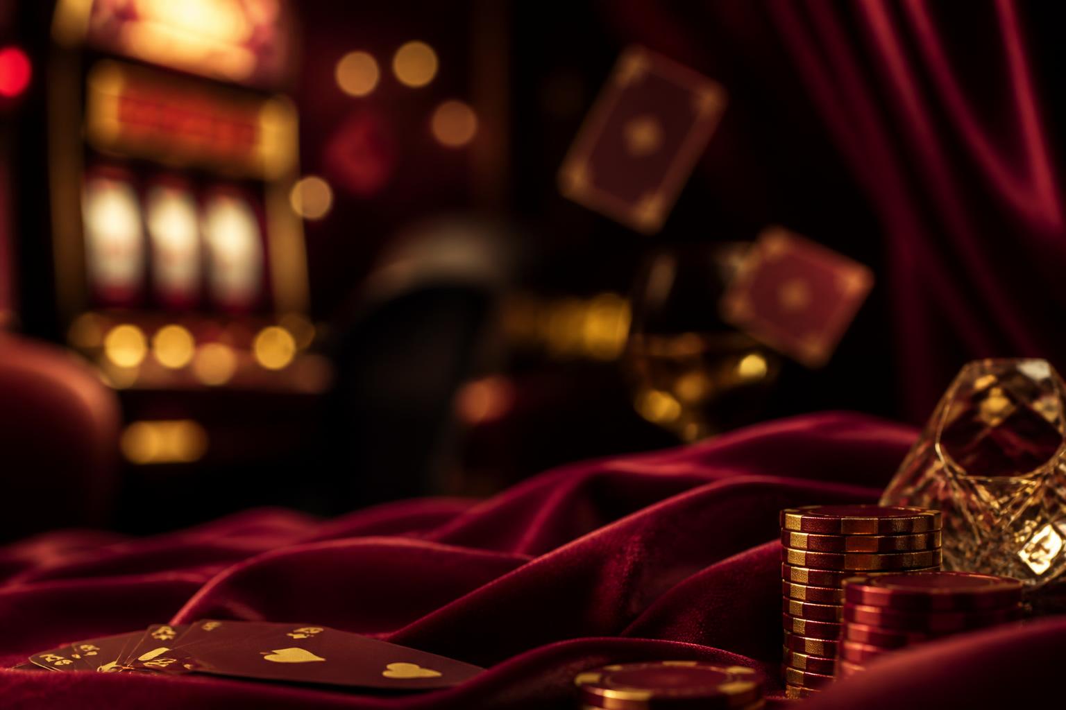 Velvet lounge with cards, chips and glowing slot machines